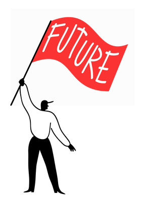 Illustration einer Person, die eine rote Fahne trägt, auf der mit weißen Großbuchstaben das Wort FUTURE (Zukunft) zu lesen ist.