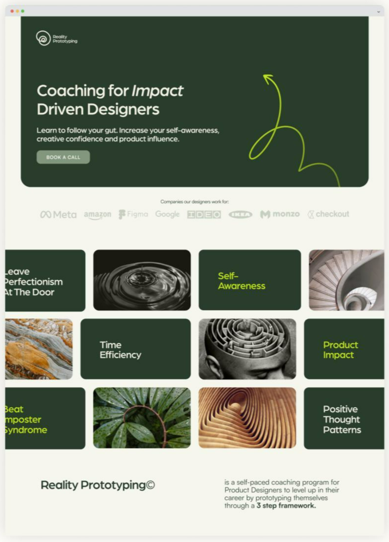 Desktop website design for Reality Prototyping coaching program