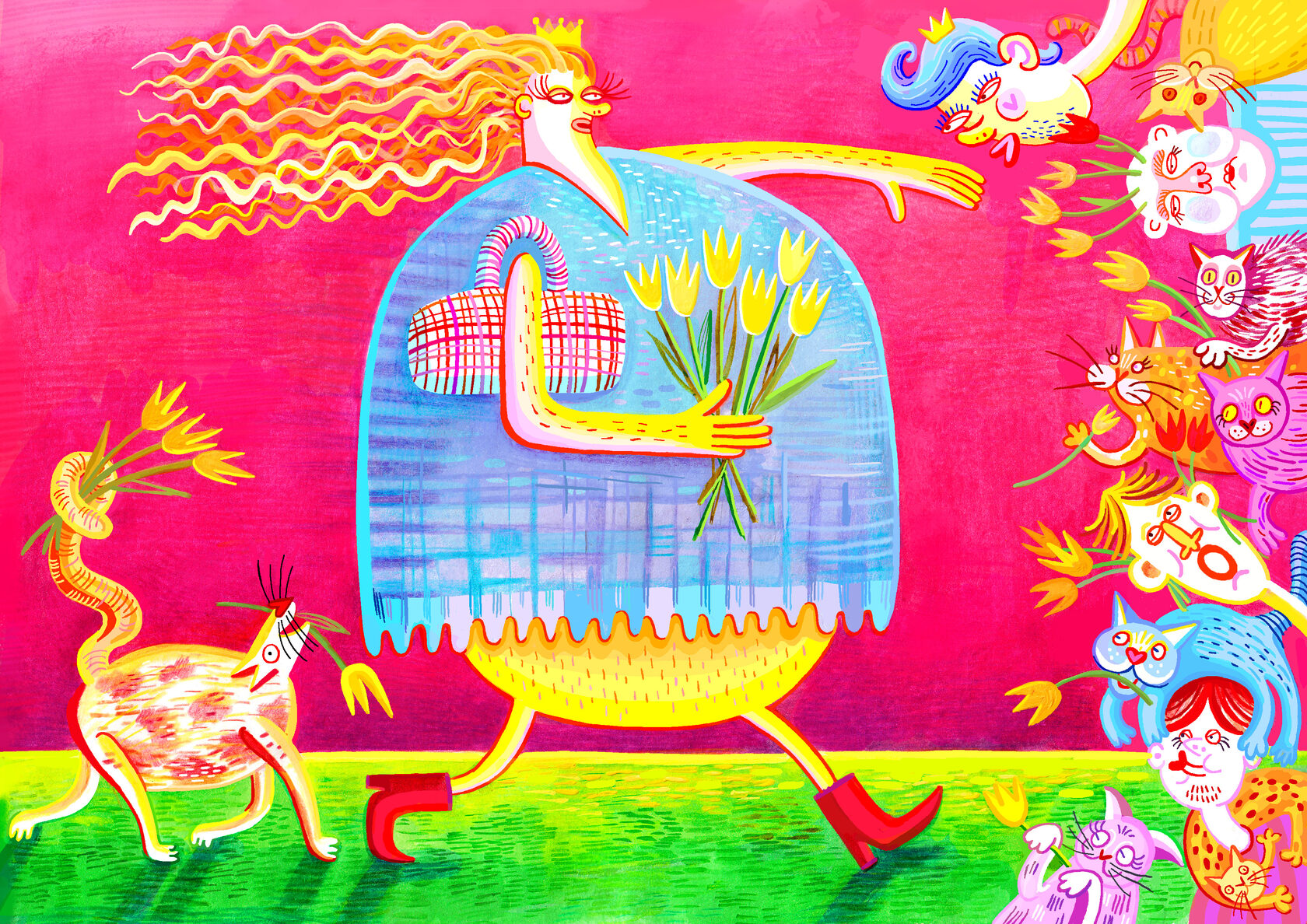 pink woman and cats illustration Lizaveta Valantsevich