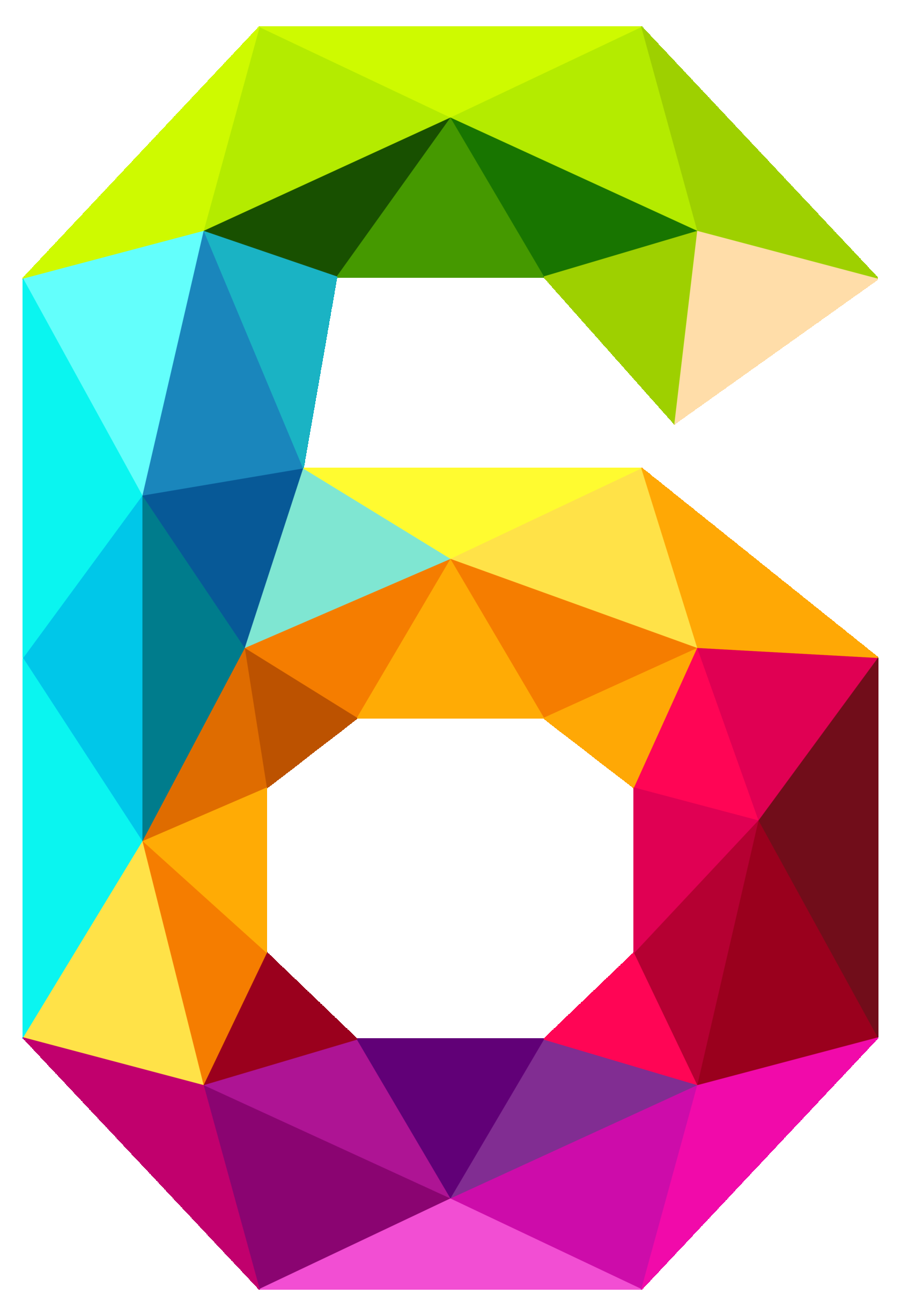 разноцветная шестерка с гранями треугольной формы на прозрачном фоне