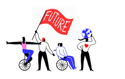  Illustration mit vier Personen. Die Person links fährt mit ausgestreckten Armen auf einem Einrad. Die Person daneben hält eine rote Fahne, auf der mit weißen Großbuchstaben das Wort FUTURE (Zukunft) zu lesen ist. Die Person rechts daneben sitzt im Rollstuhl. Die Person ganz rechts trägt einen weißen Pullover mit einem roten Herz und auf dem Kopf balanciert die Person eine blau-weiße Weltkugel.