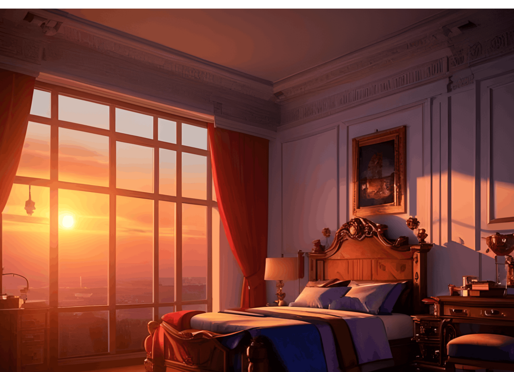 комната с закатом, сгенерированная нейросетью