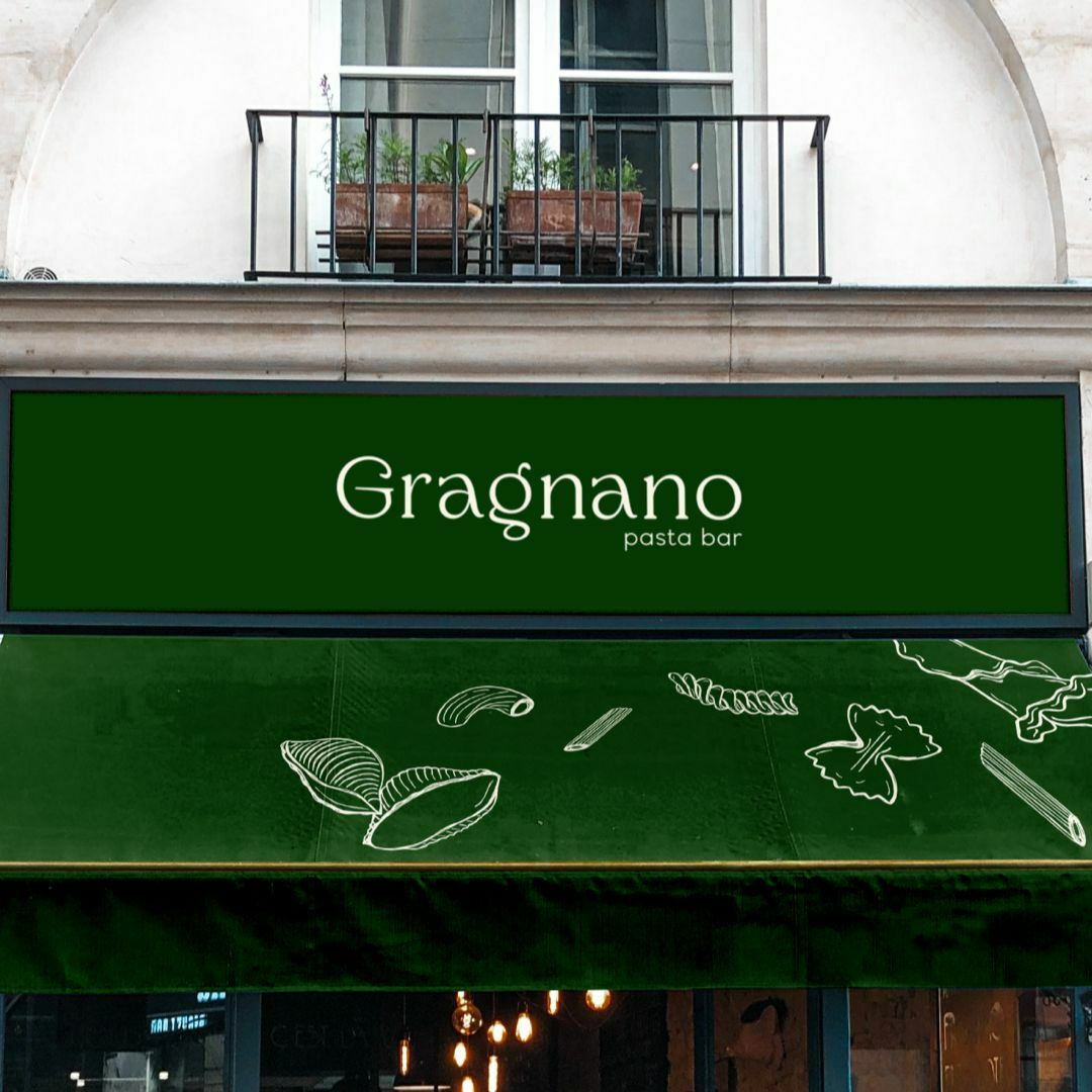 Restaurant front mock up with branding design for Gragnano pasta restaurant.