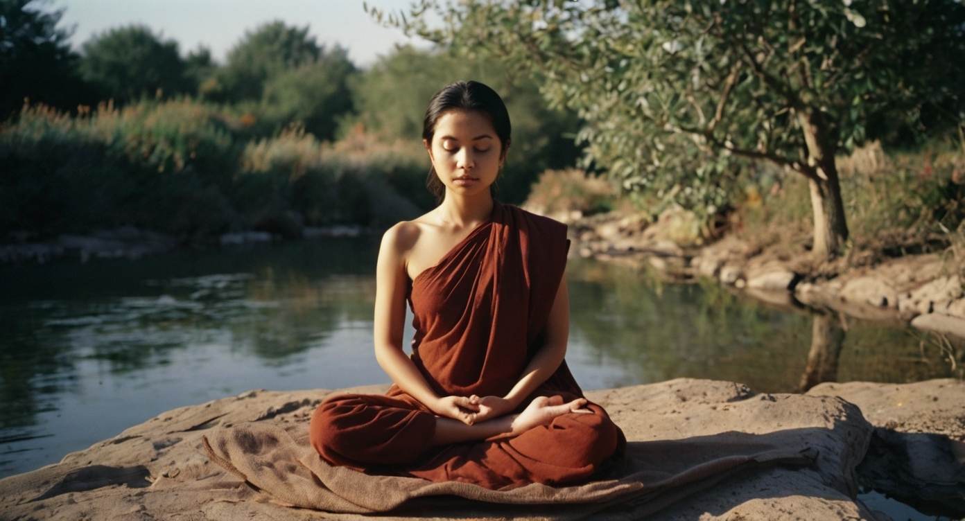 A young woman meditates by a tranquil riverside, dressed in traditional robes.