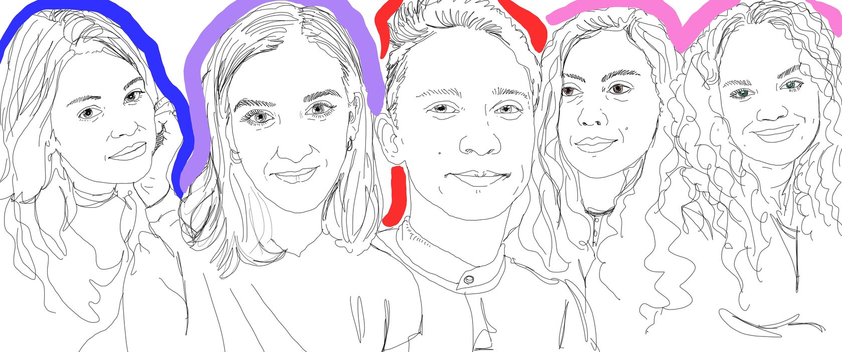 Zeichnung von fünf Personen, Köpfe und Oberkörper sind mit schwarzen Strichen auf weißem Hintergrund gezeichnet. Unter den Personen stehen die Namen (von links nach rechts): Masha, Nicole, Senya, Manana und Julia. Hinter den Zeichnungen gibt es (von links nach rechts) einen blauen, lilafarbenden, roten und rosanen Hintergrund. 