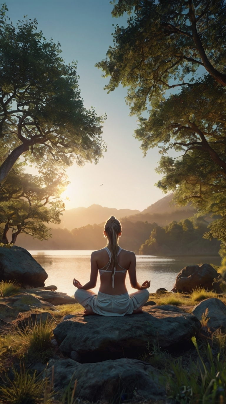 A woman meditates by a serene lakeside at sunrise, surrounded by nature