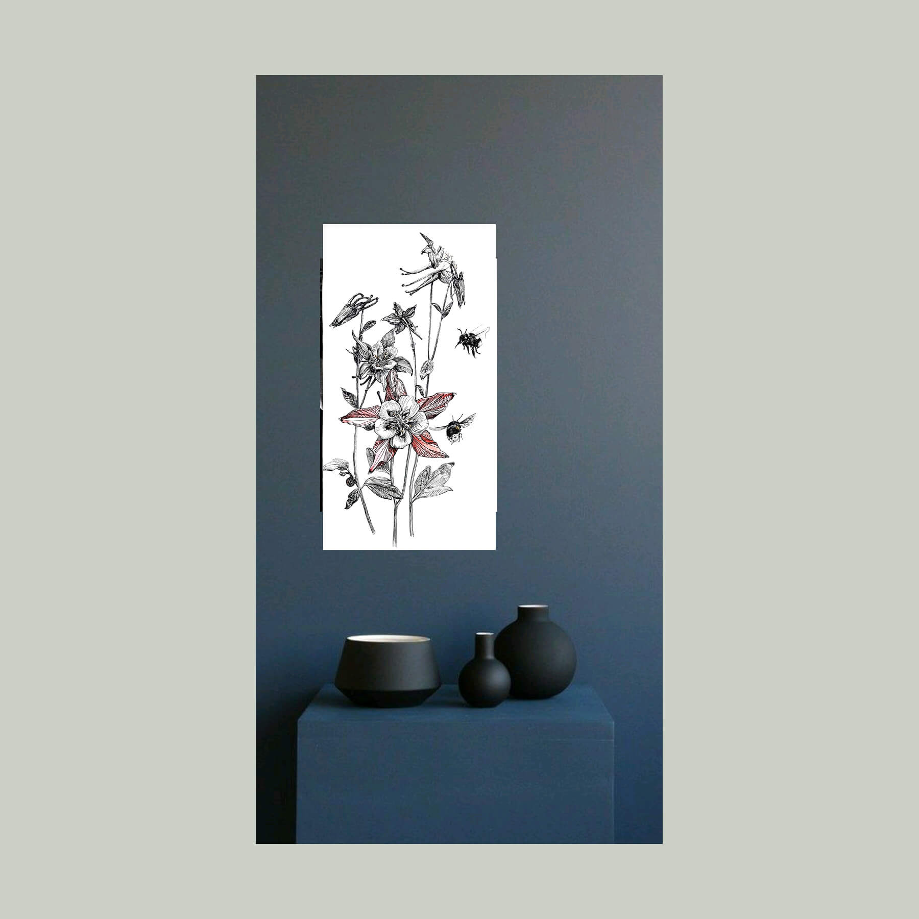 Наталия Береснева. Графика. Aquilegia et duae bumblebees (Аквилегия и два шмеля) в интерьере