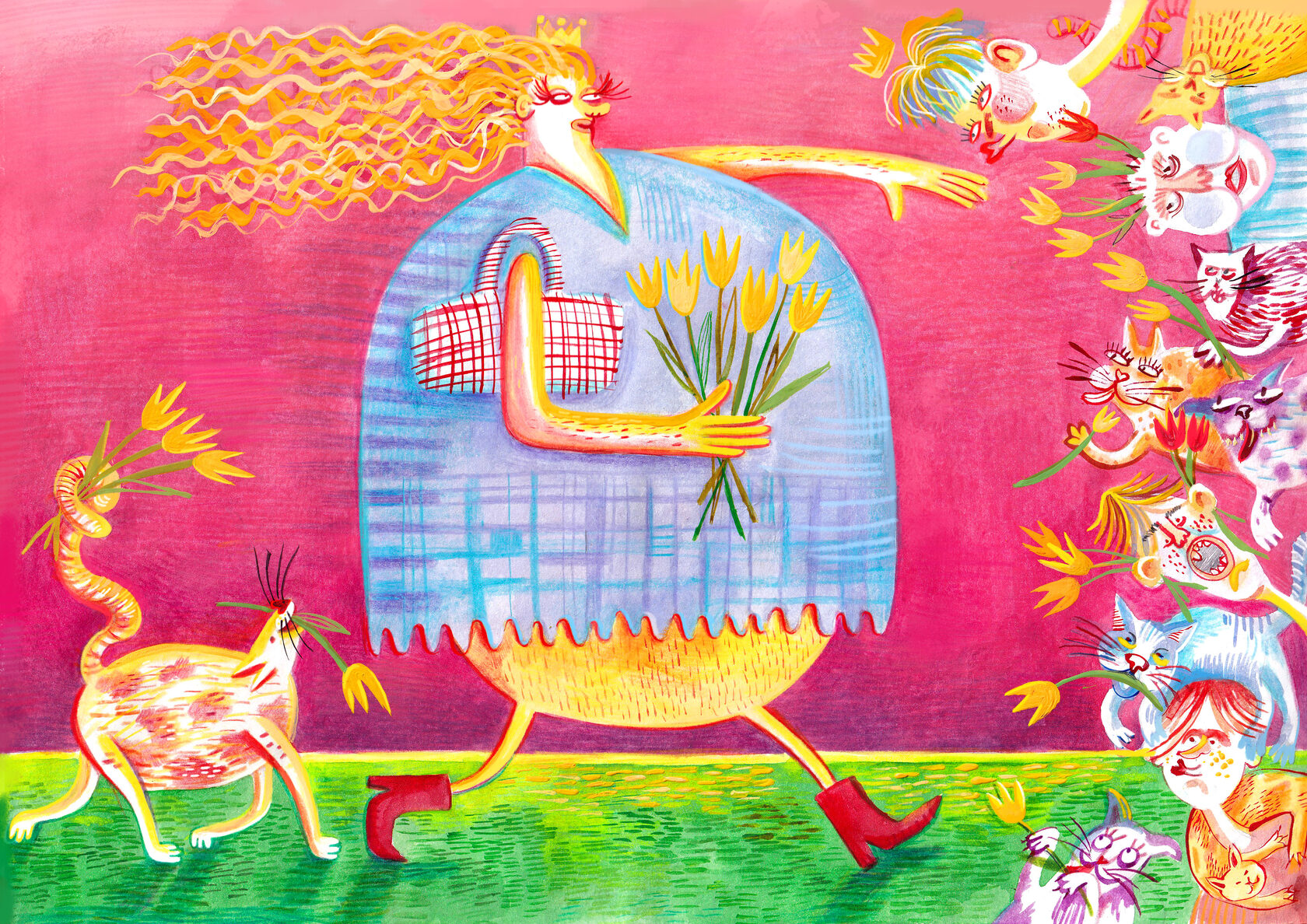 pink woman and cats illustration Lizaveta Valantsevich