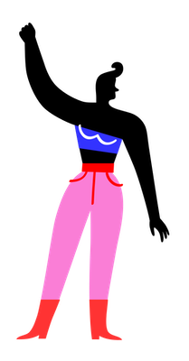 Illustration einer Person, mit roten Schuhen, rosa Hose und blauem Oberteil. Der eine Arm ist nach oben gestreckt.