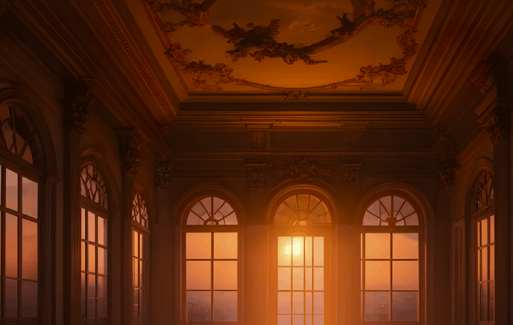 особняк в закат, созданный нейросетью