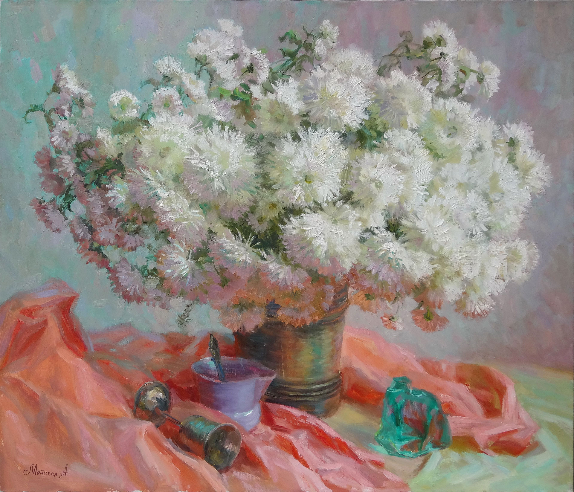 Oil on canvas painting still life Chrysanthemums