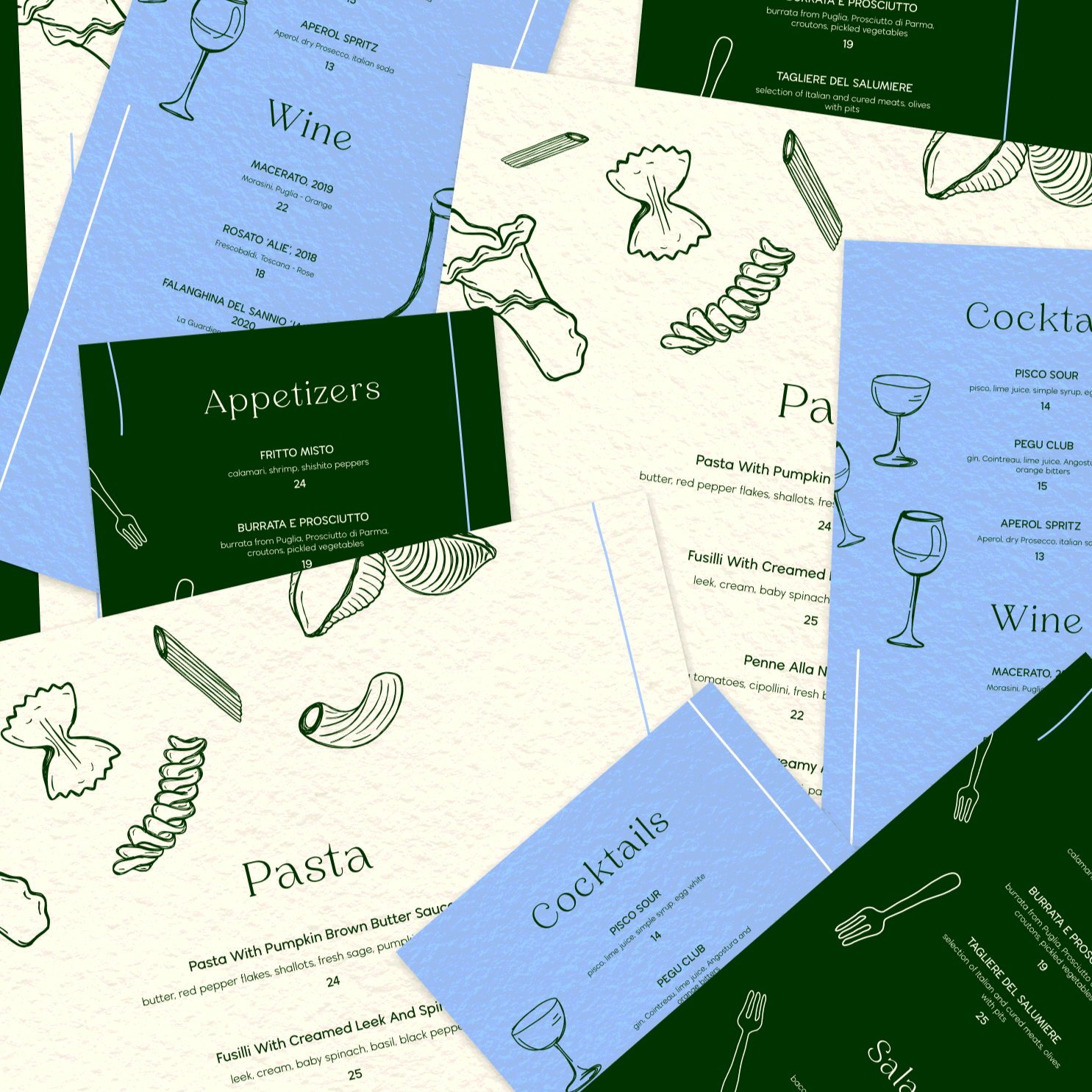 Manu design for a pasta restaurant - appetizer, cocktail and mains menu.