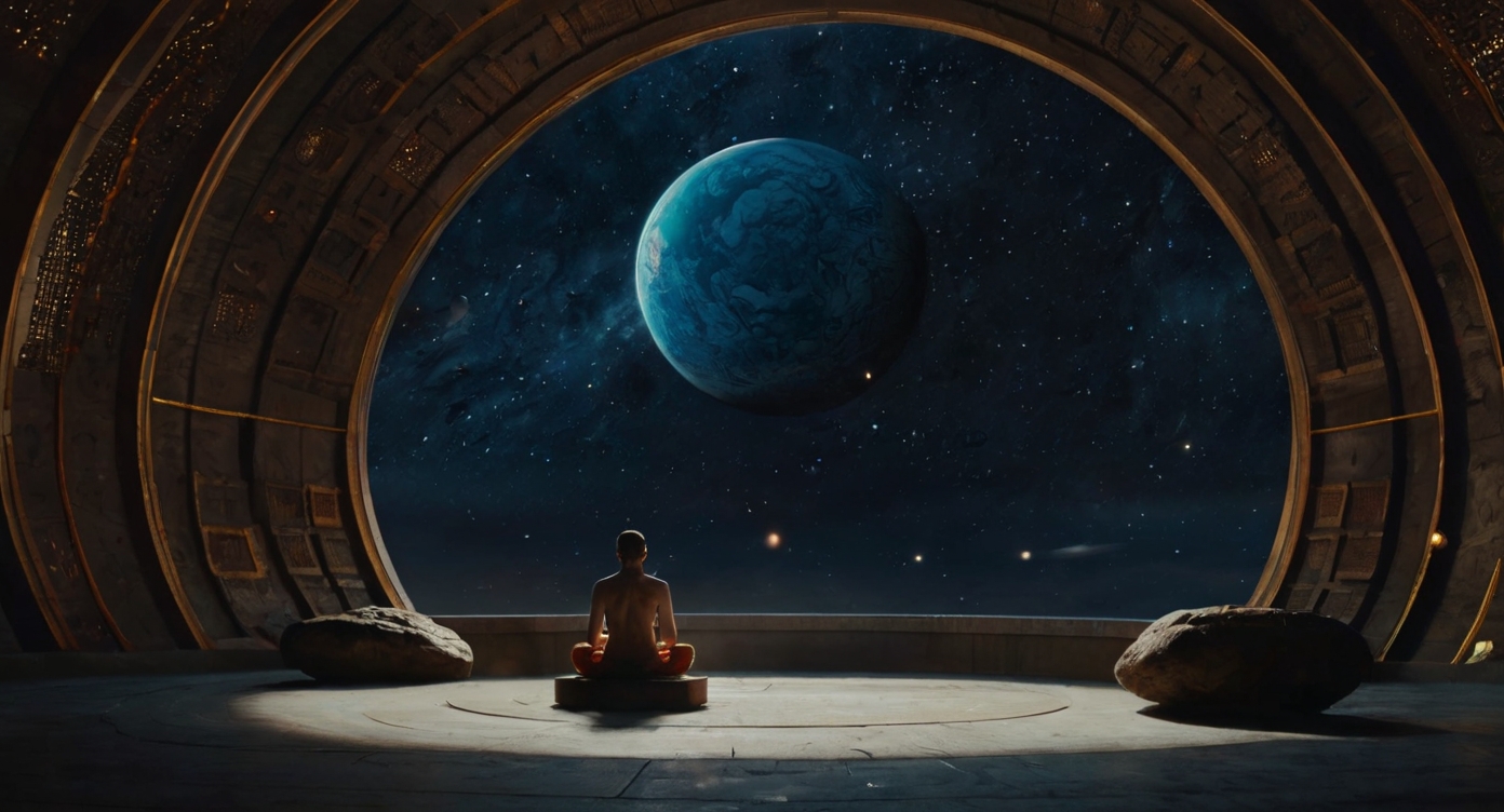 A person meditates in a futuristic chamber with a planet in the background.