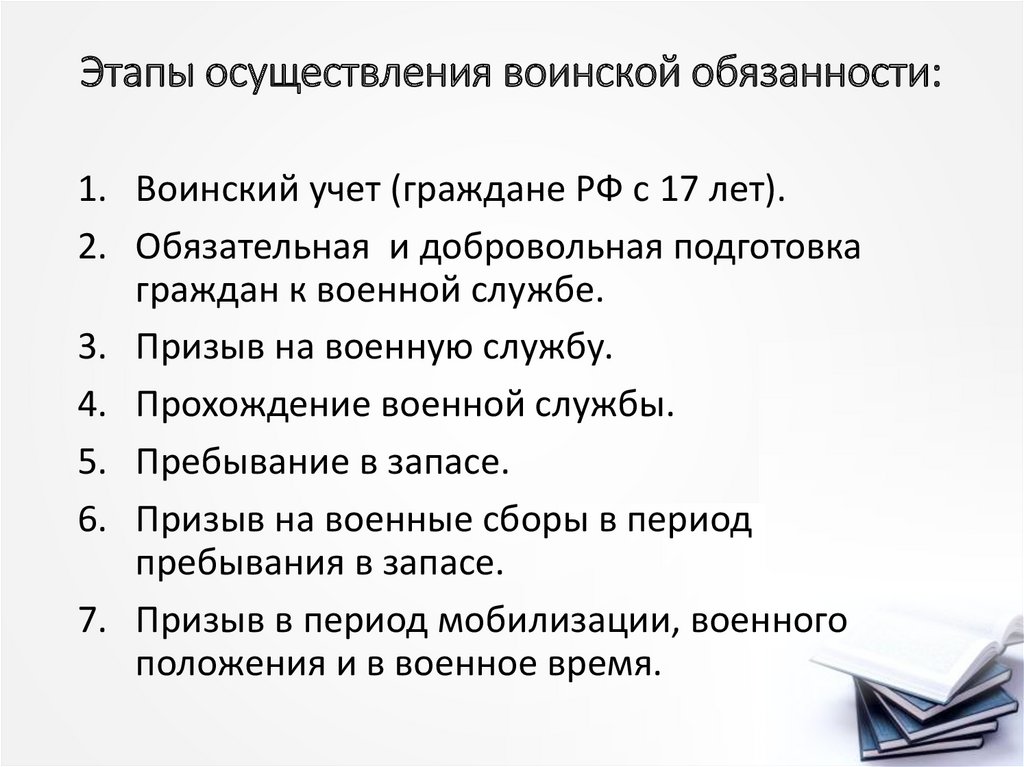 Статья 4 о воинской обязанности. Этапы воинской обязанности. Основные формы реализации воинской обязанности.