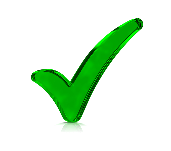 ярко зеленая галочка из стекла с отражением внизу небольшого размера