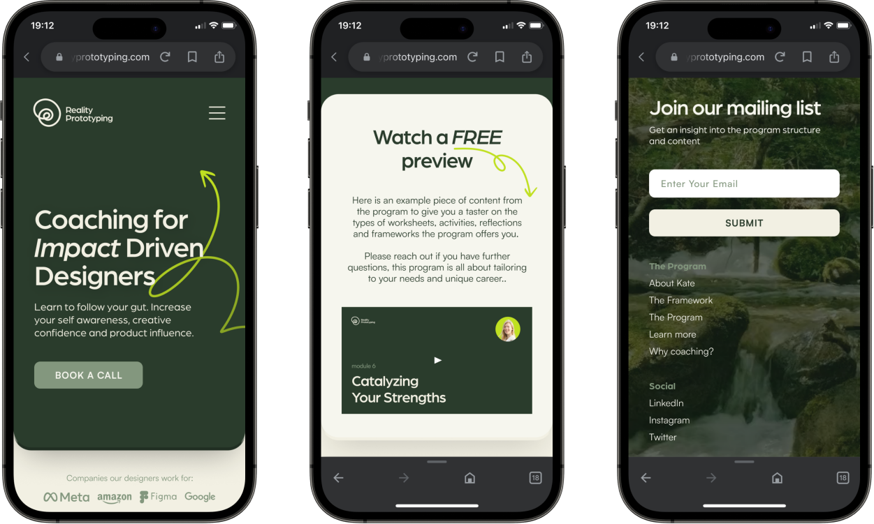 A mock up with three phones, showing the mobile website design in three slides.