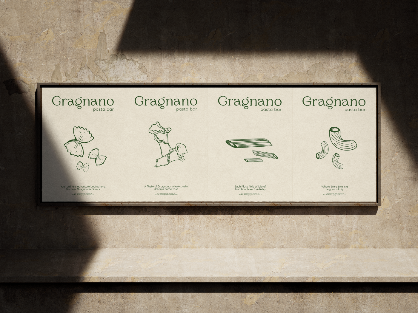 Billboard mock up with four posters for Gragnano pasta bar. Branding for a restaurant.