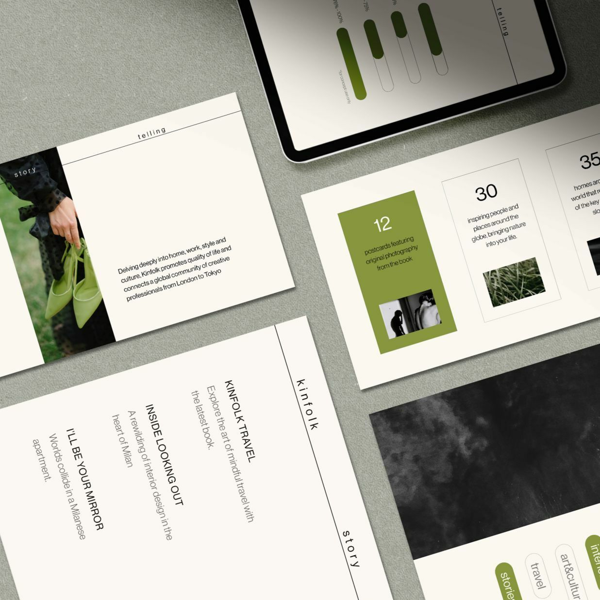 Presentation design mock up with four cards and a tablet with pitch deck design.