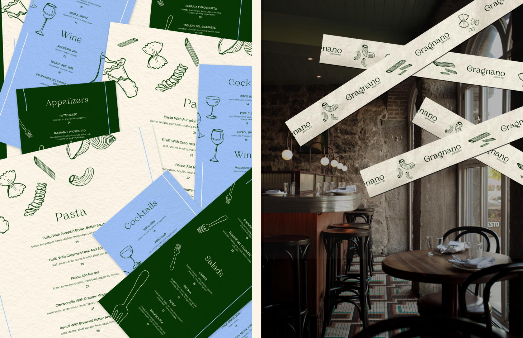 Manu design for a pasta restaurant - appetizer, cocktail and mains menu. A mock up of tape with restaurant branding with a restaurant photo background.