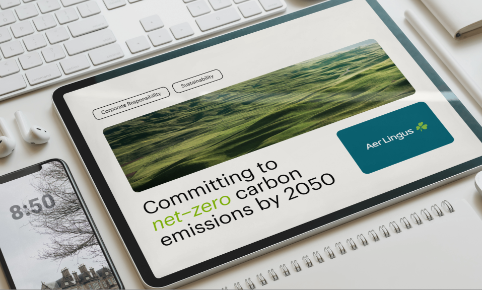 Mock up with devices, a phone and a tablet of a marketing design, with a presentation slide for Aer Lingus