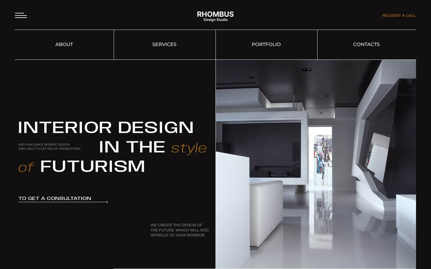 Пример многостраничного сайта с темным дизайном для студии дизайна интерьера домов, офисов, квартир в стиле футуризм цена