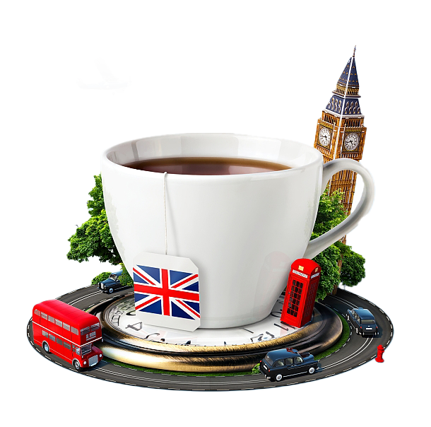 чай в кружке, биг бен, красный двухэтажный автобус, старая телефонная будка, зеленые деревья, английское такси
