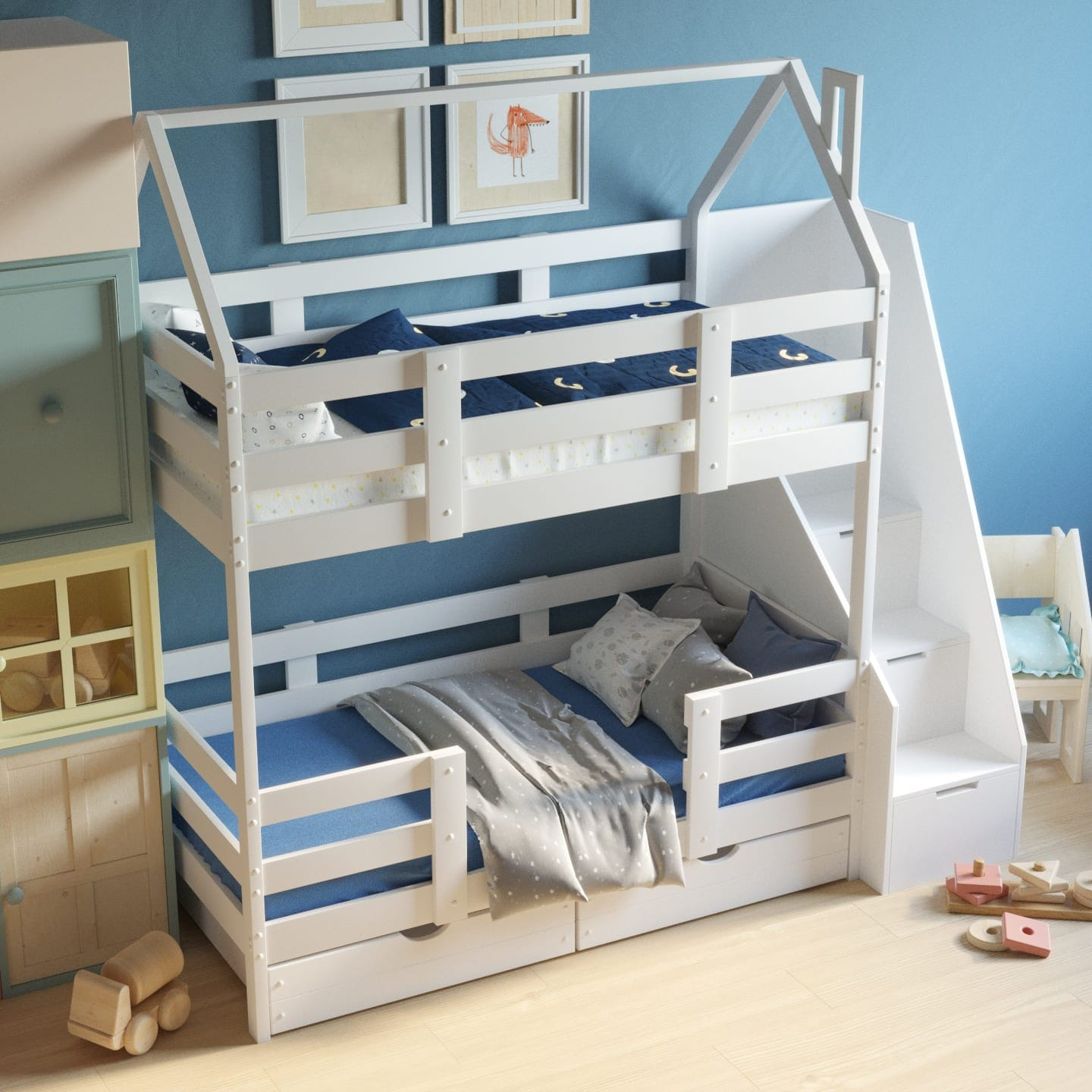 Кровать двухъярусная детская с лестницей в интерьере