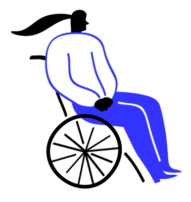 Illustration einer Person im Rollstuhl. Die Person trägt einen langen Zopf, der im Wind weht.