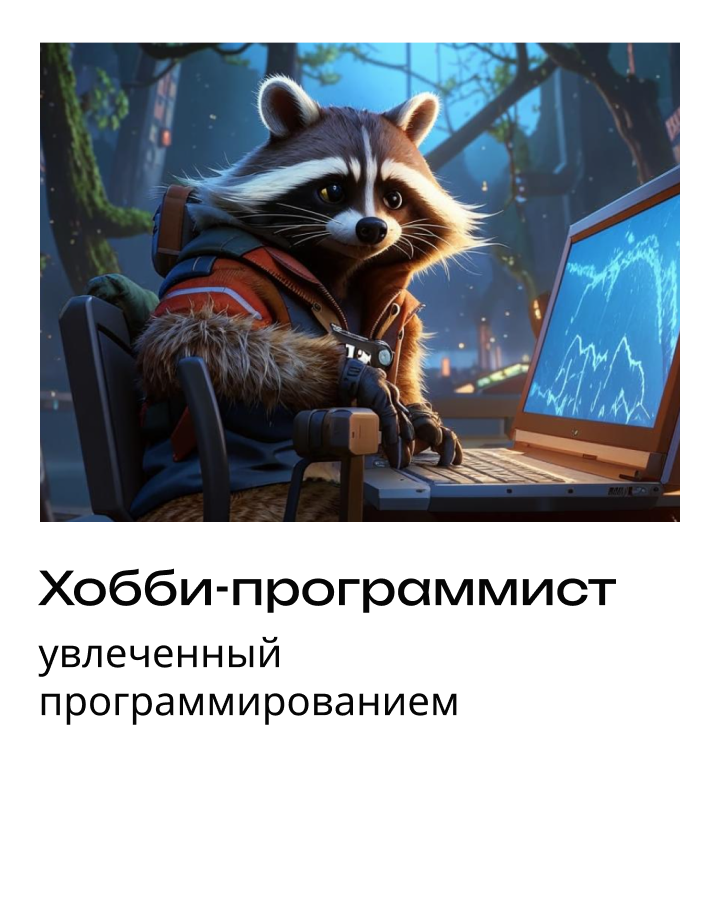 полароид карточка енот хобби-программист