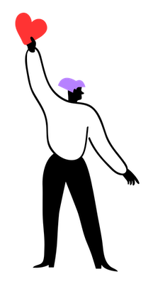 Illustration einer Person mit lila Haaren, die in der rechten Hand ein rotes Herz nach oben hält.