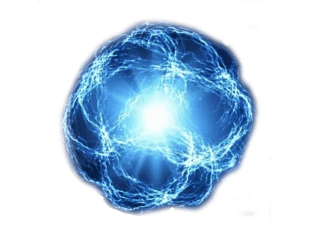 Светящийся голубым цветом сгусток молний похожий на шаровую молнию, в центре мерцающие фиолетовым цветом портрет Николы Тесла 